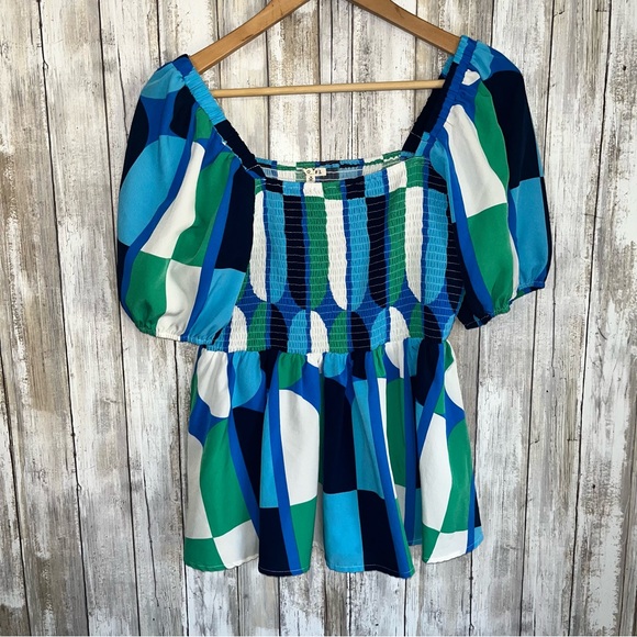 JODIFL Tops - Jodifl Puff Sleeve Smocked Navy Blue Green White Women’s Medium